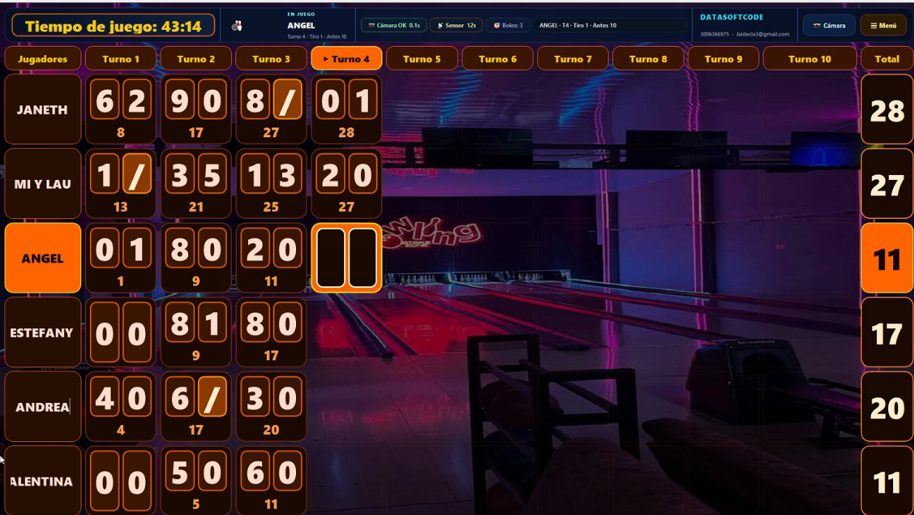 Vista real del sistema BowlingSoftCode en funcionamiento